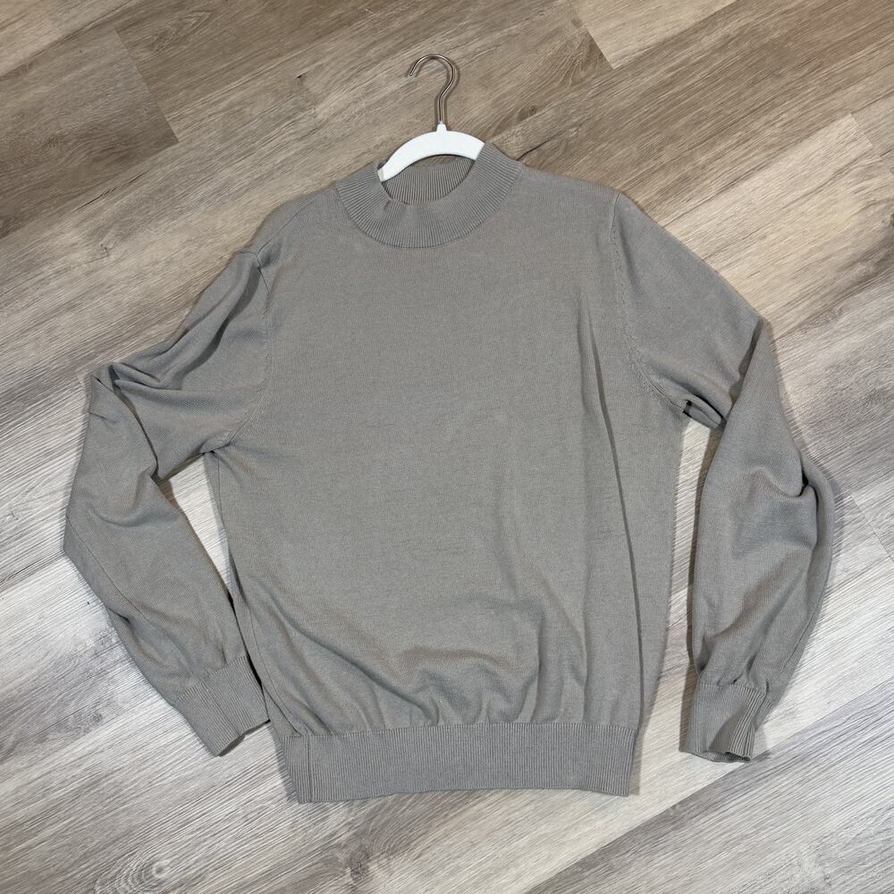 JEFF Mock Neck Sweater Mens L Beige Cotton Blend Long Sleeve Fine Knit Pullover
